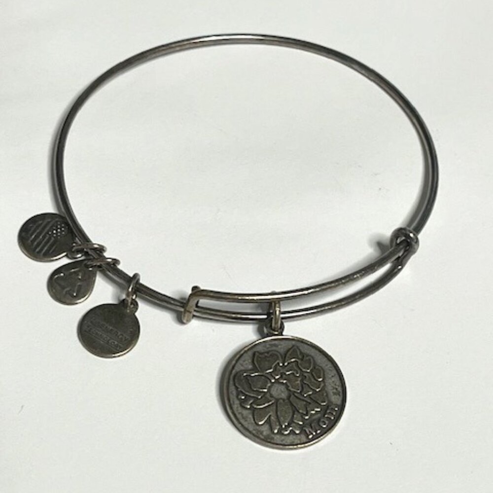 "Mom" Alex and Ani 2015 Flower Charm Adjustable Bangle Bracelet Silver Tone